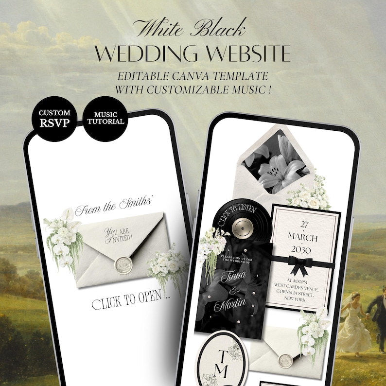 K&ouml;nnte beinhalten: Eine digitale Hochzeits-Website-Vorlage auf zwei Smartphones, mit schwarz-wei&szlig;en Blumengrafiken, Umschl&auml;gen mit Wachssiegeln, einem Schallplatten-Symbol und Texten wie "White Black WEDDING WEBSITE" und "From the Smiths".