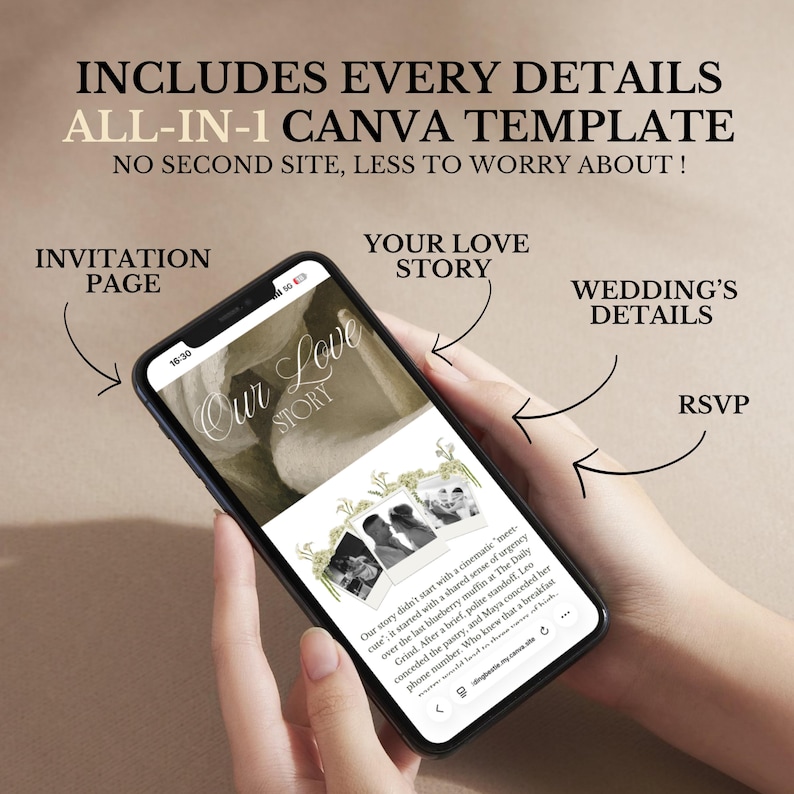 May include: A smartphone displaying a digital wedding invitation template with the text INCLUDES EVERY DETAILS ALL-IN-1 CANVA TEMPLATE NO SECOND SITE, LESS TO WORRY ABOUT! Labels point to sections titled INVITATION PAGE, YOUR LOVE STORY, WEDDING'S DETAILS, and RSVP.