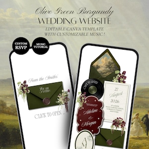 Puede incluir: Dos pantallas de smartphone muestran una plantilla de sitio web de boda editable en verde oliva y burdeos. El diseño incluye sobres digitales con sellos de cera, arreglos florales, un icono de disco de vinilo y texto, incluyendo 27 de agosto 2026.