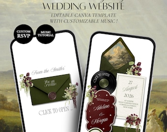 Olive Green & Burgundy Vintage Floral Wedding Website Template | Editable Canva Digital Invitation with RSVP