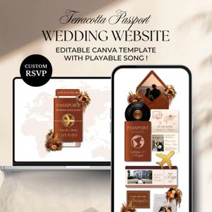 May include: A digital wedding website template shown on a laptop and smartphone. The design has a terracotta passport theme with floral accents and the text "WEDDING WEBSITE." The template includes editable elements and a playable song.