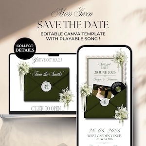 Sage Green Digital Save The Date Template | Wedding Website With RSVP & Song (Digital Download)