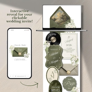 May include: An interactive wedding invite design featuring a smartphone, laptop, and various decorative elements. The design includes an olive green envelope, floral accents, and the text "Interactive reveal for your clickable wedding invite!"