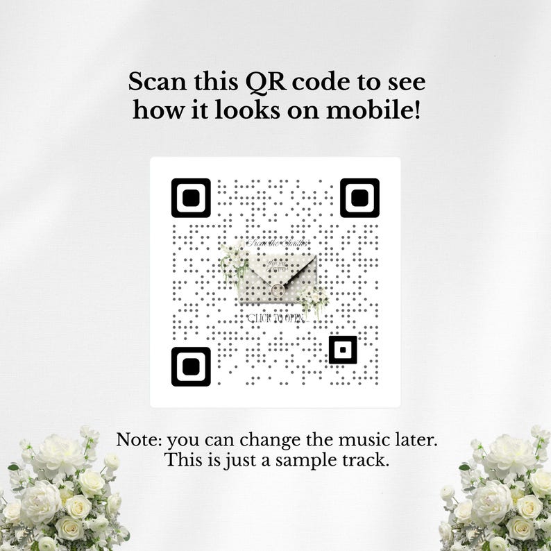 K&ouml;nnte beinhalten: Ein quadratischer QR-Code auf wei&szlig;em Hintergrund mit dem Text Scan this QR code to see how it looks on mobile! und Note: you can change the music later. This is just a sample track. Die Mitte zeigt eine Umschlag-Grafik mit Click to open.