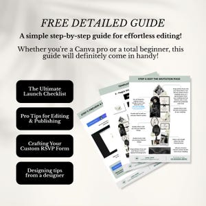 K&ouml;nnte beinhalten: Ein digitaler Leitfaden mit dem Text FREE DETAILED GUIDE, A simple step-by-step guide for effortless editing! Whether you're a Canva pro or a total beginner, this guide will definitely come in handy! Er enth&auml;lt Checklisten und Tipps.