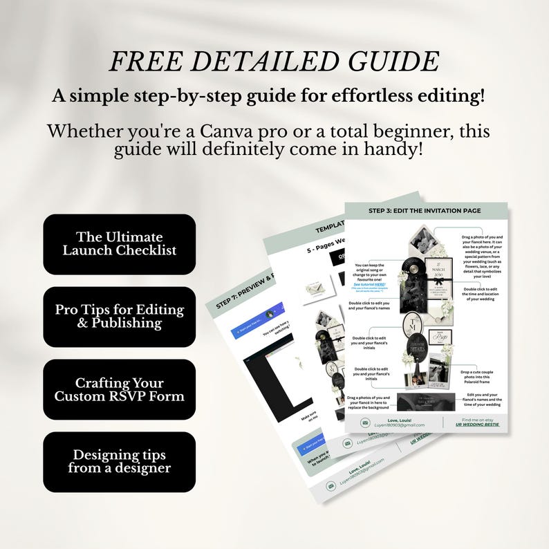 K&ouml;nnte beinhalten: Ein digitaler Leitfaden mit dem Text FREE DETAILED GUIDE, A simple step-by-step guide for effortless editing! Whether you're a Canva pro or a total beginner, this guide will definitely come in handy! Er enth&auml;lt Checklisten und Tipps.
