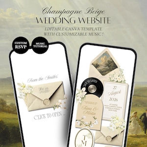 May include: Two smartphones displaying a champagne beige wedding website Canva template. The screens show an invitation envelope with a wax seal, floral accents, a vinyl record icon, and text including From the Smiths, Tiana & Martin, and 27 August 2026.