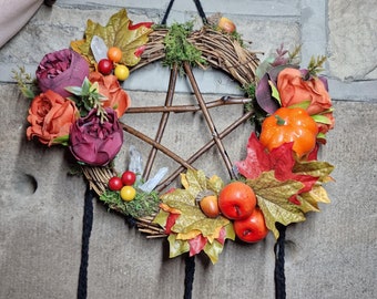 Handmade Pumpkin Wreath: Crystal Witches Bells, Pagan Pentacle
