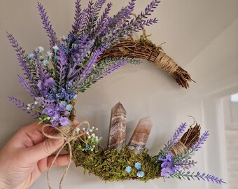 Handmade Crystal Wreath | Crescent Moon | Lavender Cottage Core Wreath | Spring | Summer | Home protection | Home decor | Witches Wreath