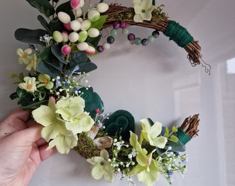 Handmade Spring Crescent Moon Wreath | Malachite Wreath | Money Luck Abundance Attraction Wreath | Cottage Core | Home decor | Witch