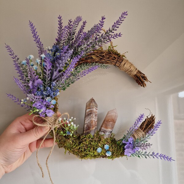 Handmade Crystal Wreath | Crescent Moon | Lavender Cottage Core Wreath | Spring | Summer | Home protection | Home decor | Witches Wreath