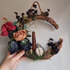 In The End - Crescent Moon Crystal Wreath | Steampunk Wreath | Cottage Core | Home decor | Witchcraft | Gothic | Handmade | Home Protection