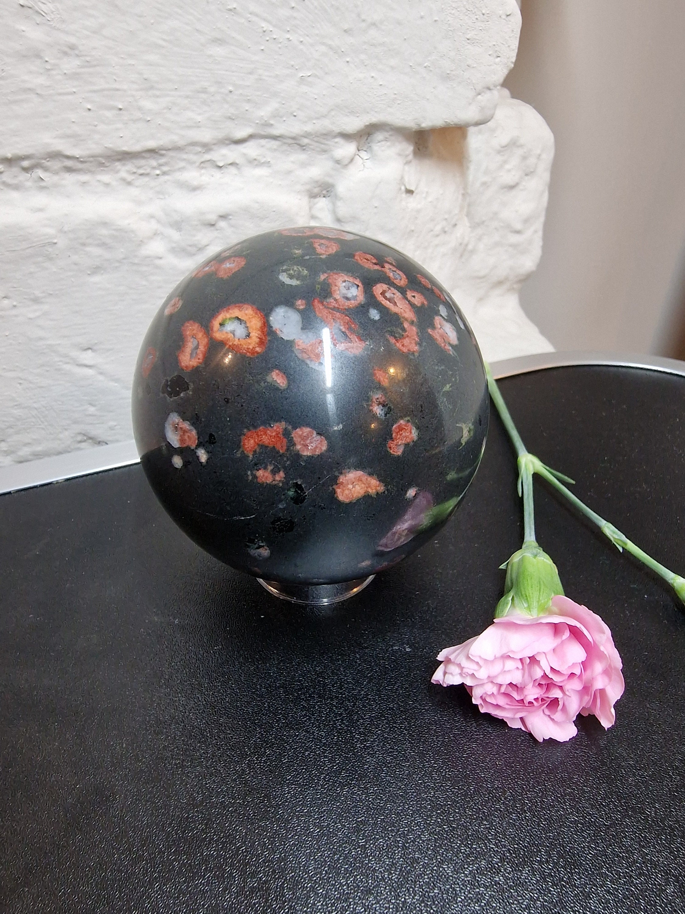 Plum Blossom Jasper Sphere: Calming Nurturing Crystal (516g, 6.8cm