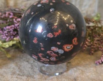 Plum Blossom Jasper Sphere: Calming Nurturing Crystal (516g, 6.8cm