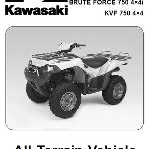Op de afbeelding: Een onderhoudshandleiding voor een Kawasaki Brute Force 750 4x4i en KVF 750 4x4 terreinvoertuig. De omslag bevat het Kawasaki-logo, de modelnamen en een zwart-witfoto van een wit terreinvoertuig met bagagerekken aan de voor- en achterzijde.