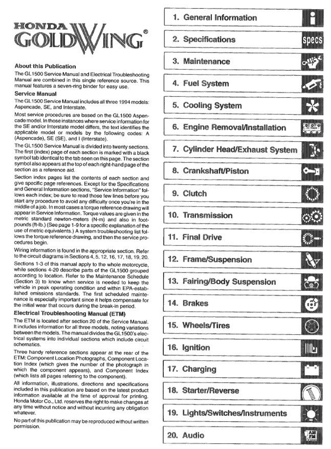 Honda GL 1500 SE Goldwing Service Manual 761 Pages - Etsy