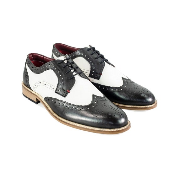 Mens Bespoke Black \u0026 White Leather Brogues Great Gatsby Shoes Two Tone Formal Dress Shoes