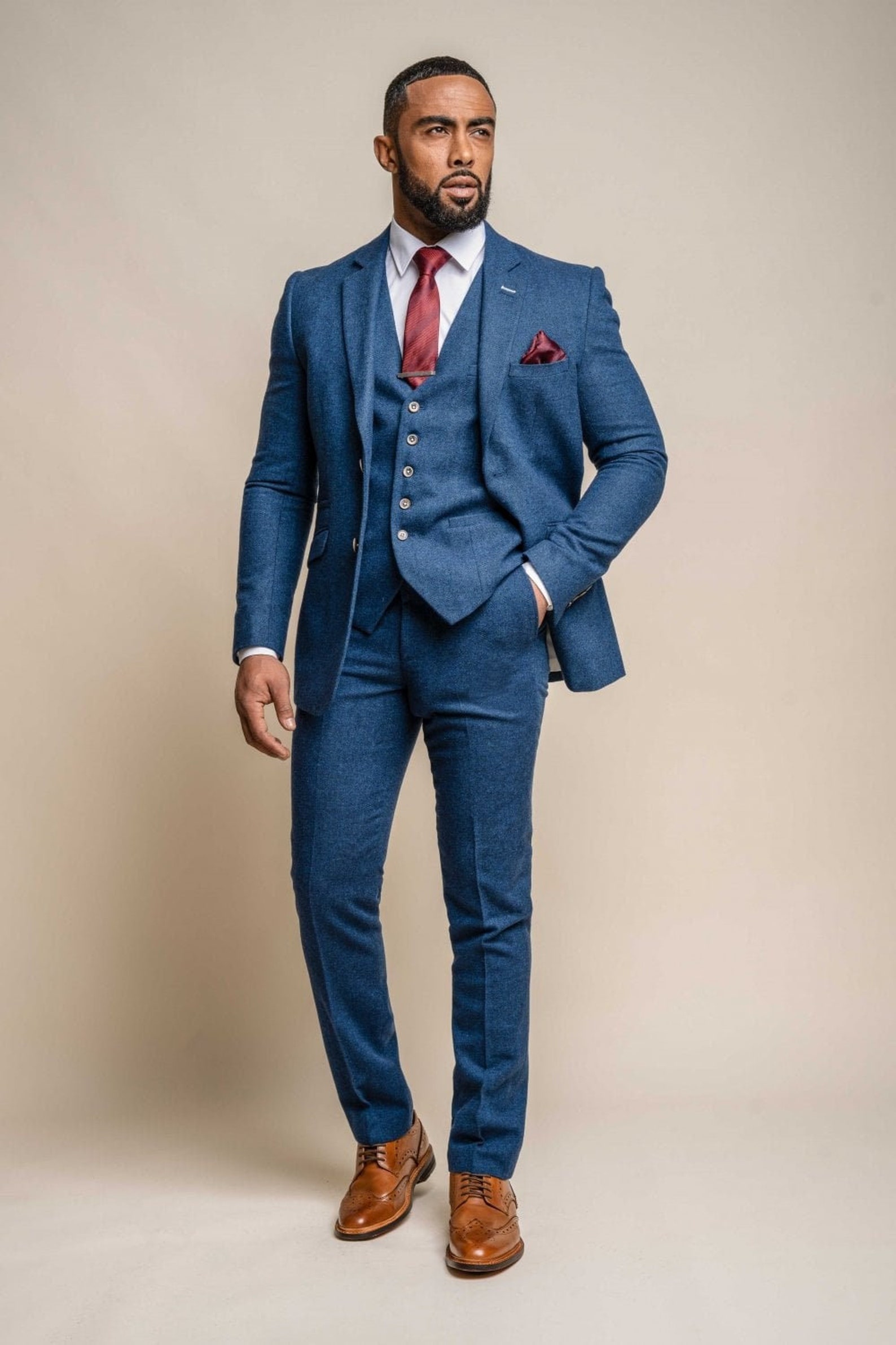 Mens Navy Blue 3 Piece Tweed Herringbone Suit Bespoke Premium Etsy UK