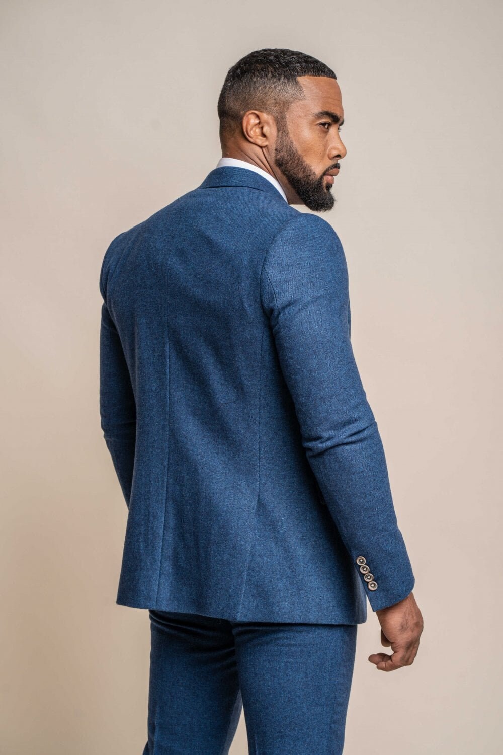 Men's Navy Blue Slim Fit Tweed Herringbone Wool Blend Suit - 3 Piece Set (Jacket, Vest, Pants) - View #3