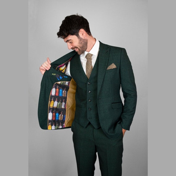 Mens 3 Piece Olive Tweed Herringbone Check Suit Bespoke Formal 