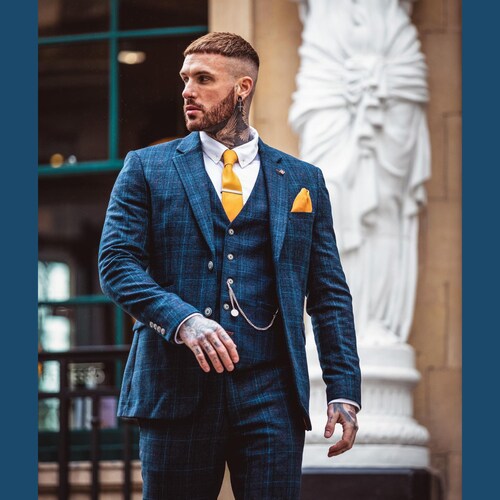 Mens Navy Blue Tweed Check Herringbone 