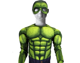 Green Superhero Kids Costume, Muscle Print Jumpsuit, Mask & Gloves