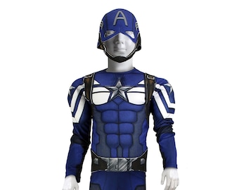 Captain America Kids Costume, Muscle Print Jumpsuit, Helmet & Belt