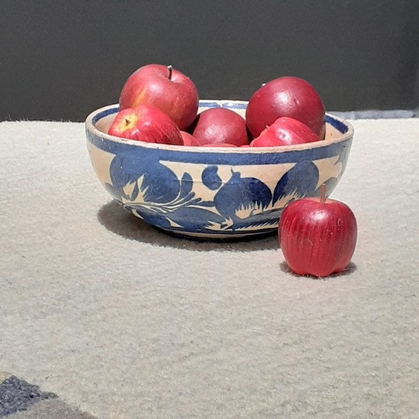 Primitive saltware bowl, folk art bowl, handpainted apples, unique handcrafted bowl, 2 3/4" high, 6 1/4" diameter, traditional blue motif