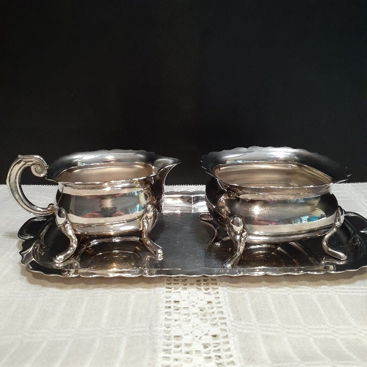 Nils Johan Prima silverplate mid-century matched scalloped edge sugar, creamer, tray 9 1/2″ long, fine vintage condition, numbered