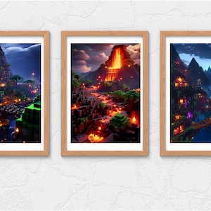 May include: Three framed digital art prints depicting different scenes from a video game. The first print shows a large, multi-level building with a glowing blue light. The second print shows a fiery volcano with lava flowing down the sides. The third print shows a village with houses and a bridge over a river.