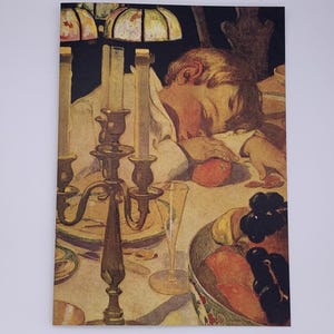Jessie Willcox Smith-kaart. 'Hij legde zijn hoofd neer en sloot zijn ogen'. Kaart in vintage-stijl met slapende kleine jongen. Jongen in slaap aan eettafel.
