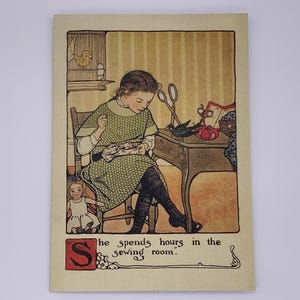 Kaart voor naaimeisje in vintage stijl. Wenskaart naaien. Vintage kaart met naaikunsten en handwerk. Themakaart naaien. 7 x 5 inch. Gemaakt in het Verenigd Koninkrijk.
