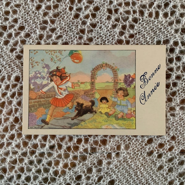 Vintage Dutch Postcard. Children Playing outside with Balloons. Nadruk Verboten Postcard. Made in the Netherlands. Bonne Annee.