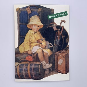 Vintage reistaskaart. Bon Voyage-kaart. Jessie Willcox Smith-kaart. Visitekaartje in vintage stijl. Meisje met vintage reistas.