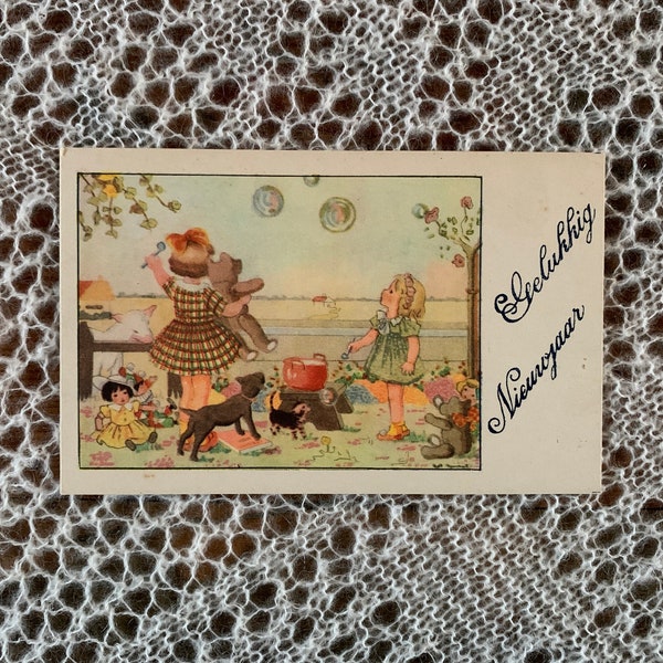 Vintage Dutch Postcard. Children Blowing Bubbles & Having a Picnic. Nadruk Verboten Postcard. Made in the Netherlands. Gelukkig Nieuwjaar