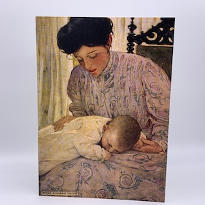 Moeder en baby vintage stijl kunstkaart. Jessie Willcox Smith-kaart. Nostalgische baby in moeders armen. Babykunstkaart. Blanco binnenkant. 7 x 5 inch.