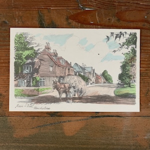 Vintage ansichtkaart Main Street Winchelsea. Briefkaart met potloodschets. Shoesmith & Etheridge-briefkaart ca. 1930. Clydesdale-paard ansichtkaart. PC67