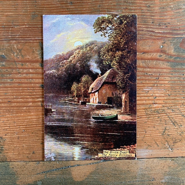 The River Dart, The Ferry Dittisham. Devon Antique Postcard. Tucks Antique Postcard of River Dart in Devonshire. E Walbourn Artist. c1906.