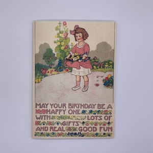 May Your Birthday Be Happy / Vintage Stil Geburtstagskarte / Kleines Mädchen mit Blumen Retro Geburtstagskarte / Luxus Textured Matt / 7x5 inches.