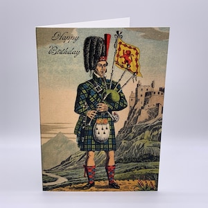 Schottische Piper Geburtstagskarte. Schottische Geburtstagskarte. Dudelsackpfeifer mit Dudelsack. Vintage Style Dudelsack Geburtstagskarte. Schottische Piper Karte.