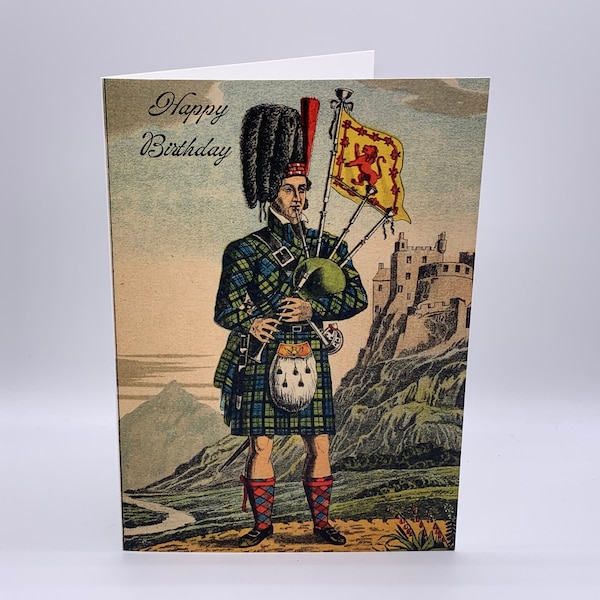 Scottish Piper Birthday Card. Scottish Birthday Card. Bagpiper in Highland Regalia with Bagpipes. Vintage Style Bagpipes Birthday Card.