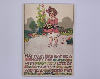 May Your Birthday Be Happy / Vintage Style Birthday Card / Little Girl With Flowers Retro Birthday Card / Luxury Textured Matt / 7x5 inches.