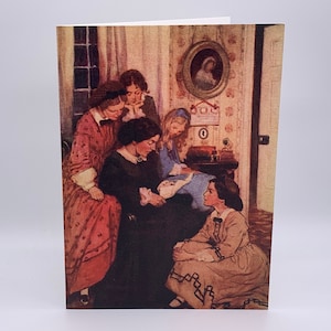 Petite carte de femmes. Carte Jessie Willcox Smith. Ils se sont tous approchés du feu. Carte de style vintage de Meg, Jo, Beth, Amy et Marmee.