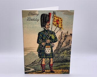 Scottish Piper Birthday Card. Scottish Birthday Card. Bagpiper in Highland Regalia with Bagpipes. Vintage Style Bagpipes Birthday Card.