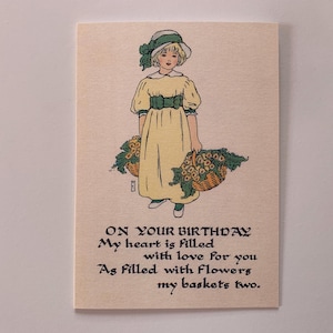 Verjaardagskaart in vintage stijl. Retro verjaardagskaart. Ouderwets meisje met een mand vol bloemen. 7 x 5 inch. Gemaakt in het Verenigd Koninkrijk.