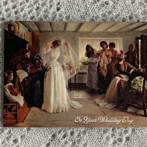 Carte de mariage de style vintage. Carte de mariage à l'ancienne. « Le matin du mariage ». John Henry Frederick Bacon c1892. 7 x 5 pouces. Fabriqué au Royaume-Uni