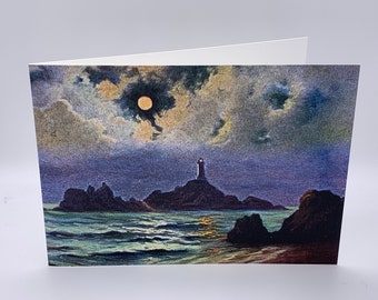 Jersey Greeting Card.  Vintage Style Greeting Card of La Corbiere Lighthouse in the Moonlight. Beautiful Lighthouse Art Card. 7x5 inches.