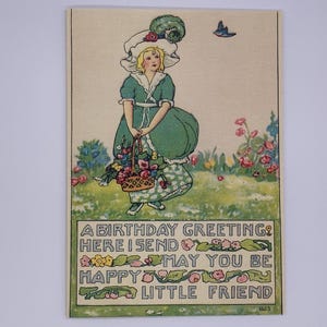 Carte d'anniversaire de style vintage. Carte d'anniversaire rétro. vintage fille en robe verte. Carte d'anniversaire à l'ancienne. 7 x 5 pouces. Fabriqué au Royaume-Uni.
