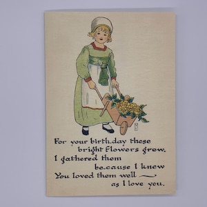 Vintage Style Geburtstagskarte. Retro Geburtstagskarte. Nettes kleines Mädchen mit gelben Rosen im Blumenwagen. Vintage inspirierte Blumen Geburtstagskarte.