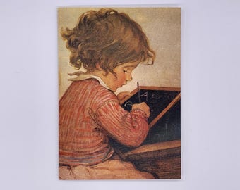 Jessie Willcox Smith Card: Little Girl at School, Writing on Chalkboard. Vintage Style Greeting (7x5 inches)